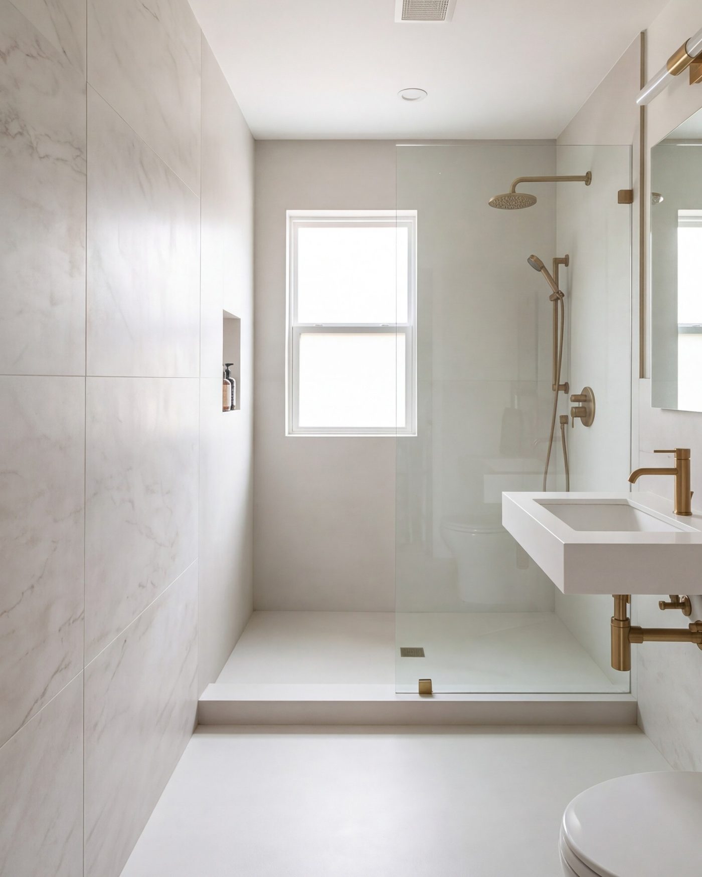 tall view of a finished hall bath, porcelain slab walls, pitched shower floor, warm metal fixtures