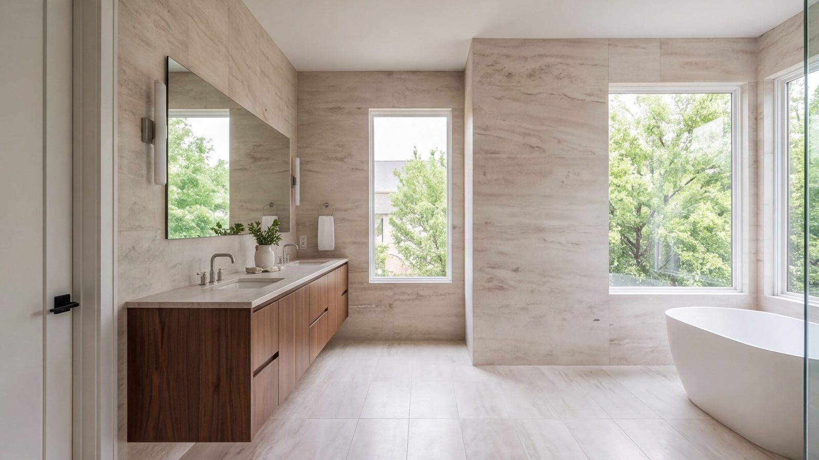 wide calm primary bathroom, large-format stone walls, walnut vanity, window light
