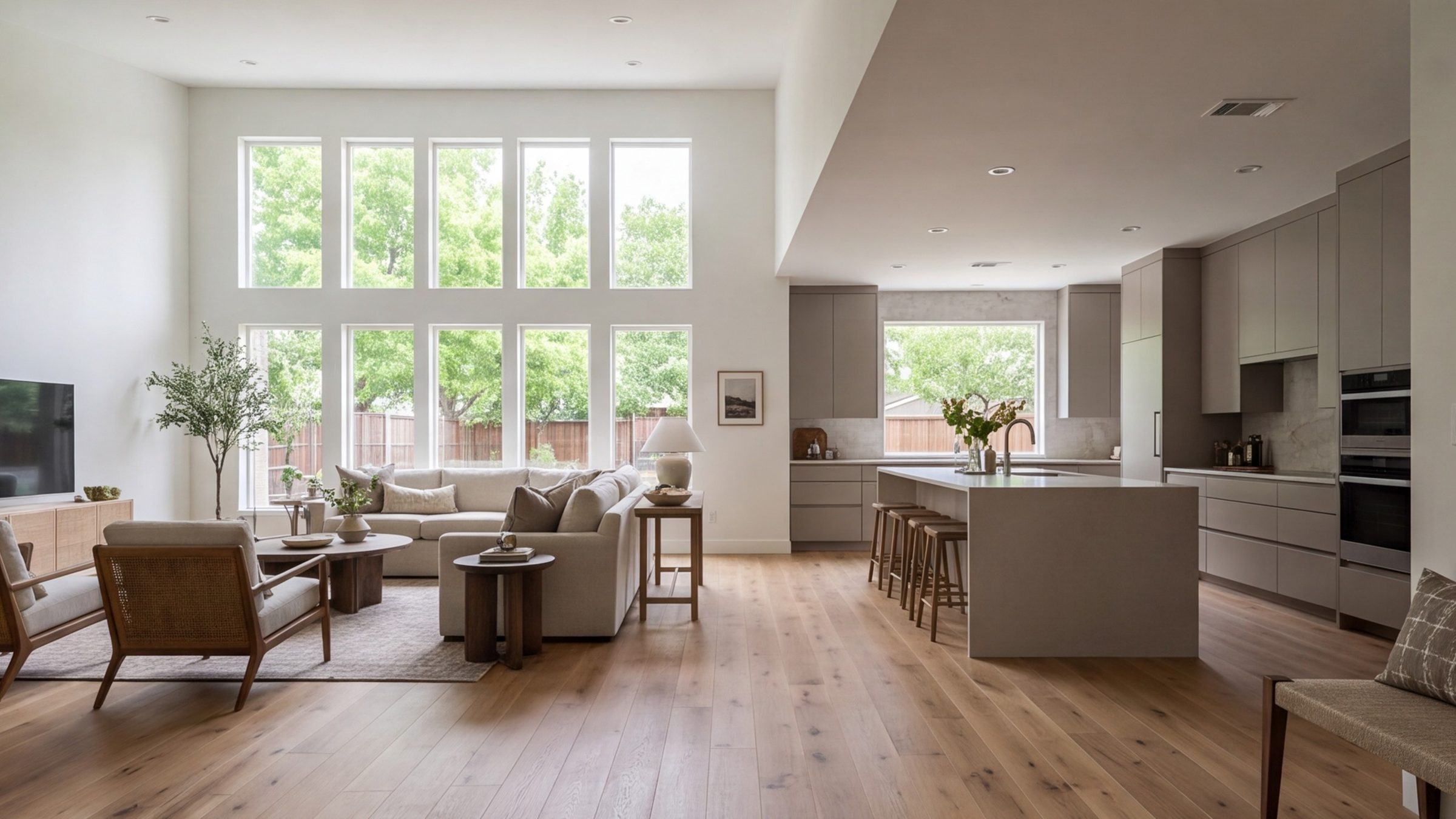 wide open-plan living room and kitchen of a remodeled Dallas ranch house, oak floors, tall windows
