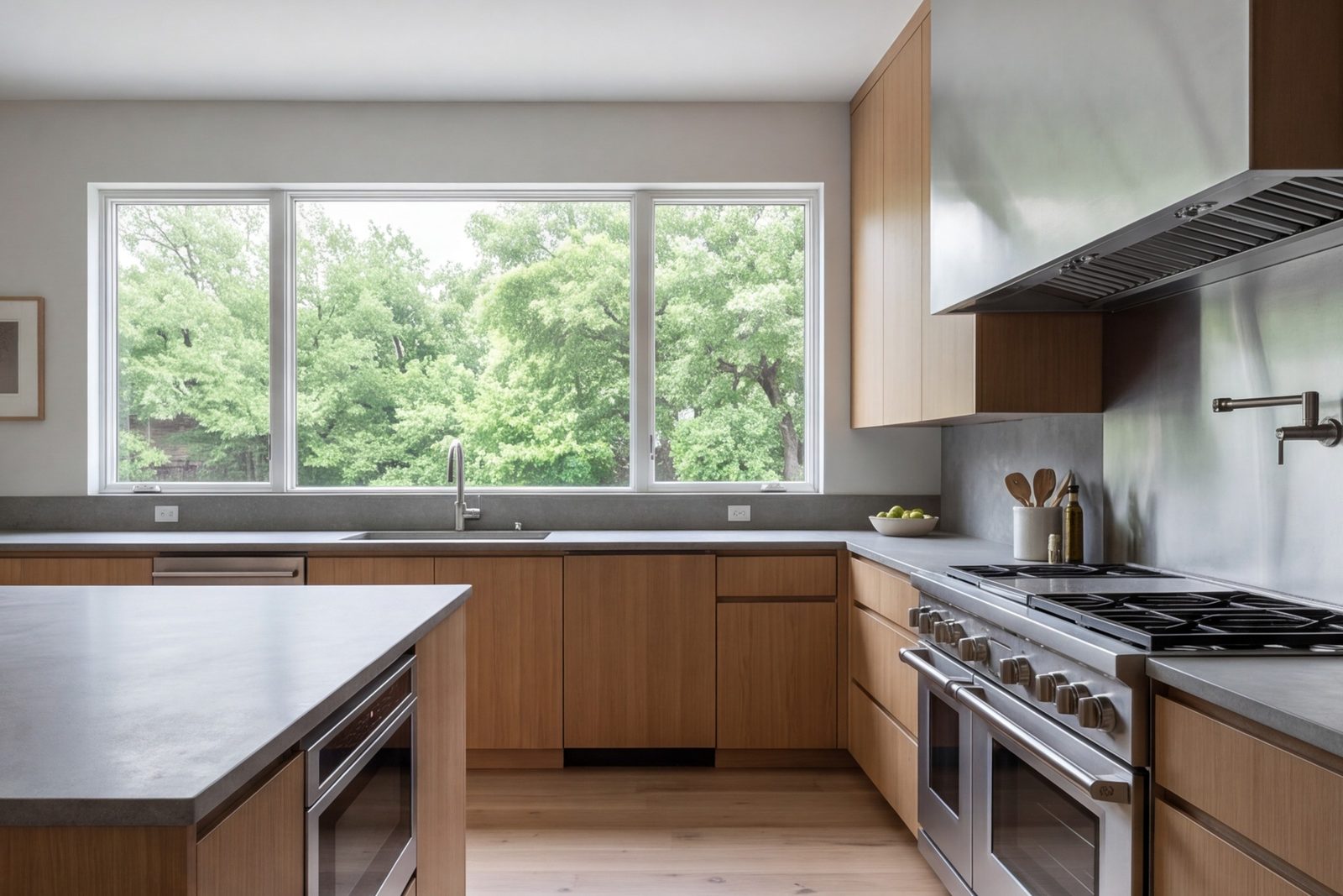 Addison kitchen with honed stone counters, steel range wall and a long window
