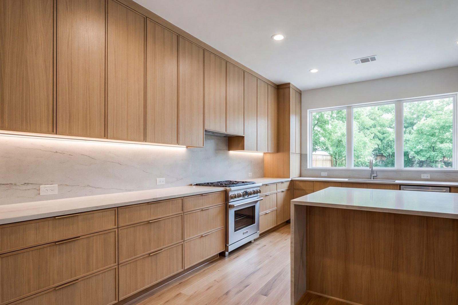 North Dallas kitchen with full-height oak cabinets and a slab backsplash under strip lighting
