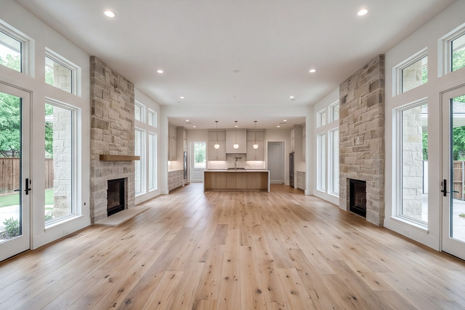 Preston Hollow open-plan entry, living room and kitchen with oak floors and bright windows