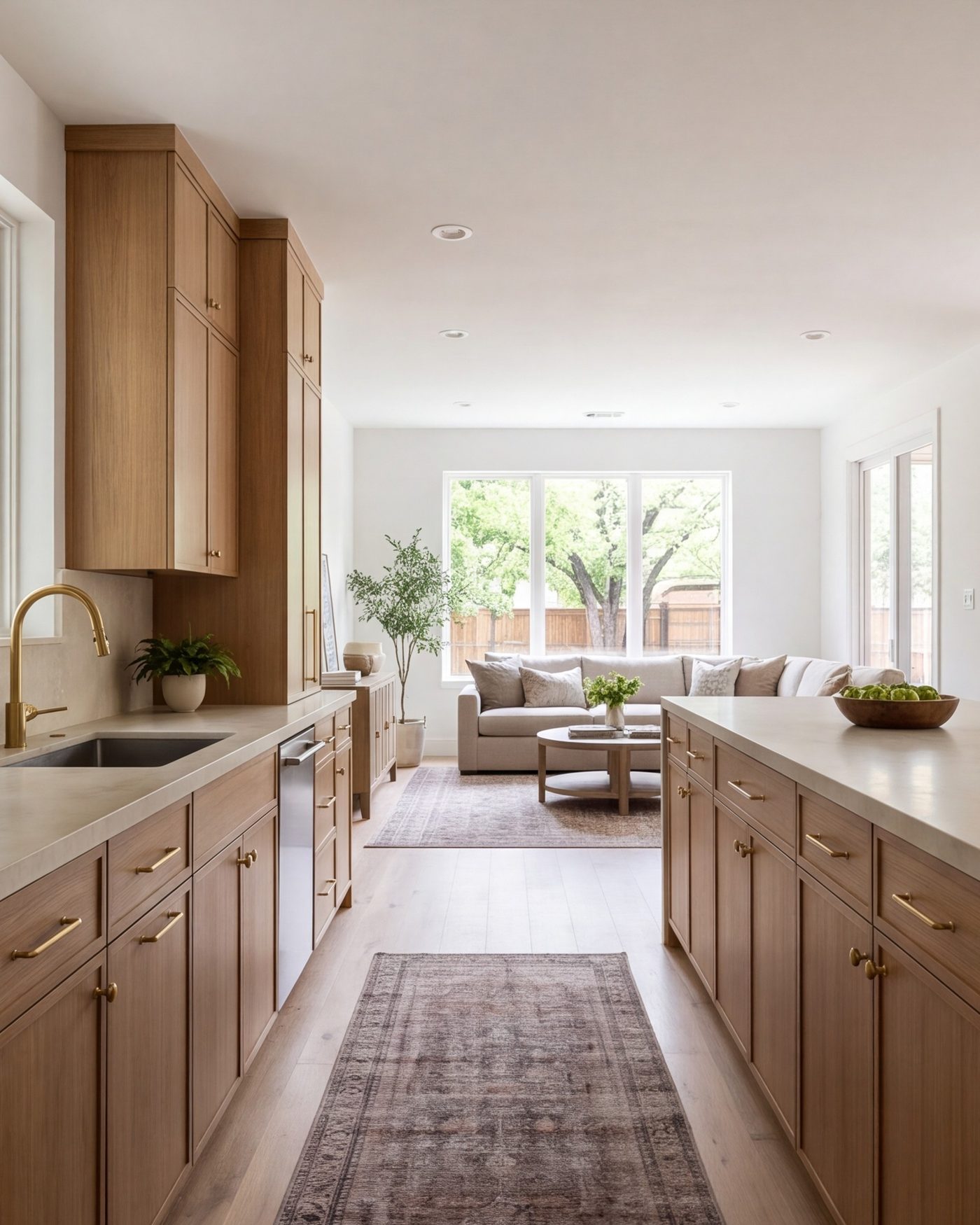 Wide remodeled kitchen with stone counters, rift oak cabinets and brass hardware, open to a living room