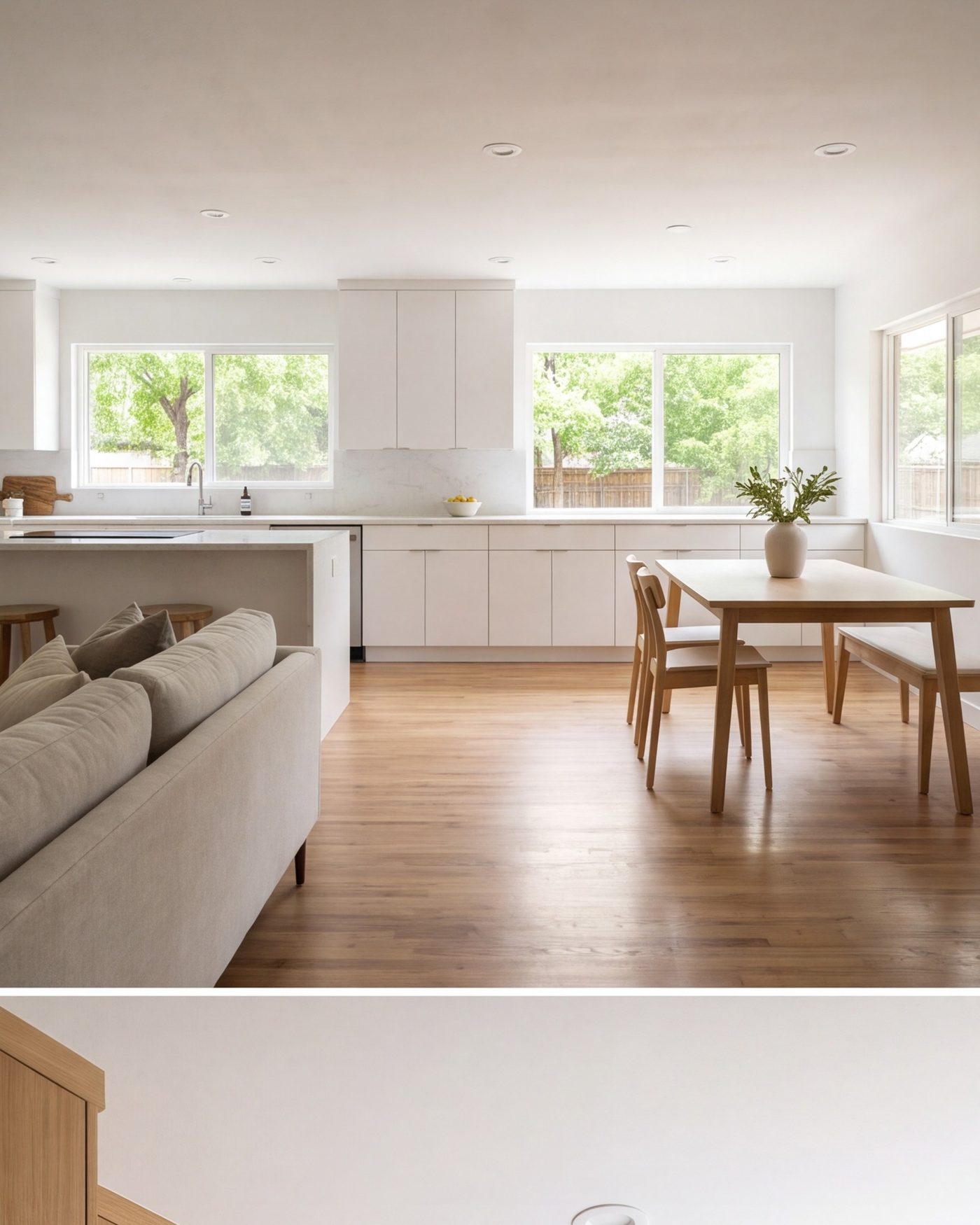 Open-plan living area and kitchen in a remodeled Dallas ranch house, oak floors and daylight